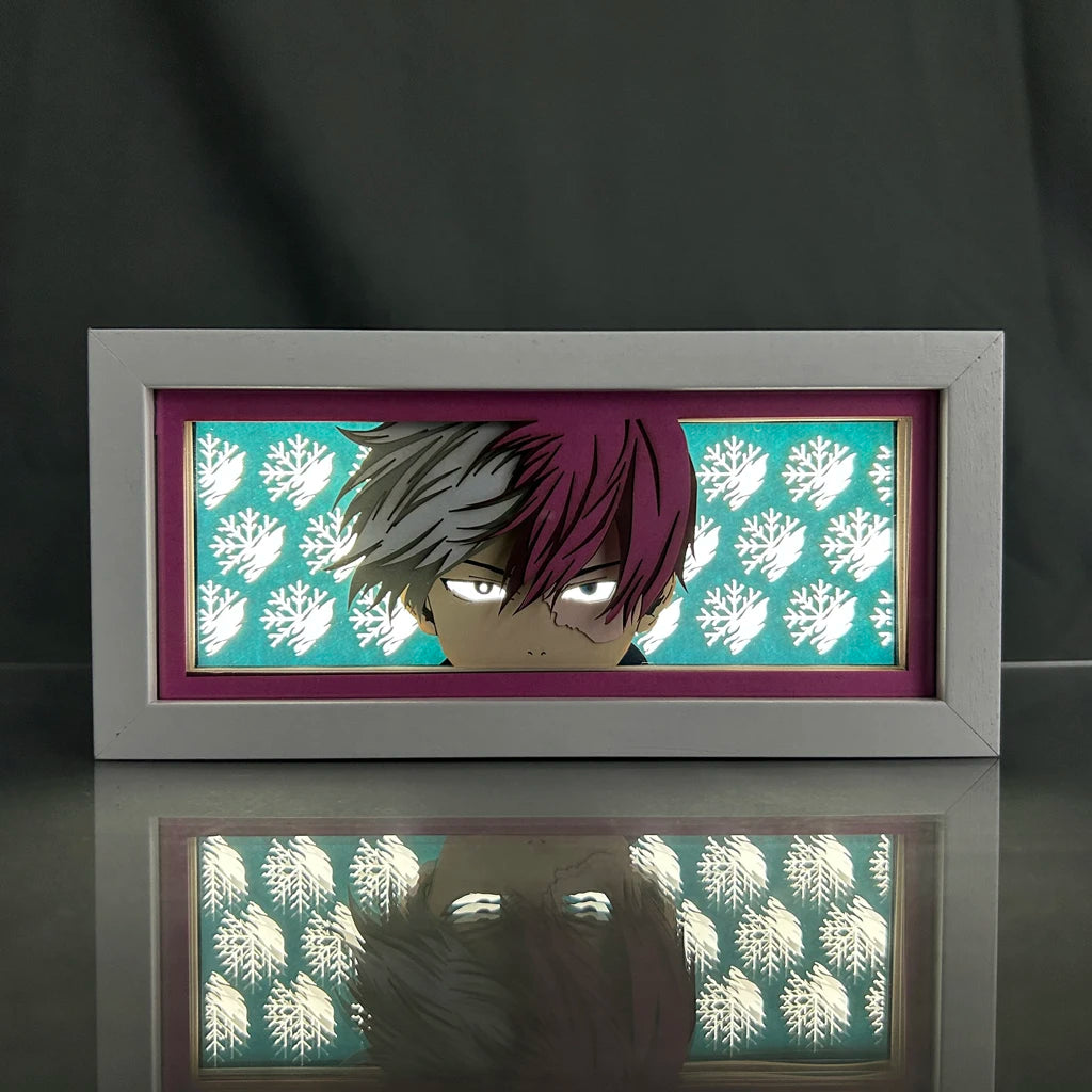 Framed artwork with an anime character on a teal patterned background