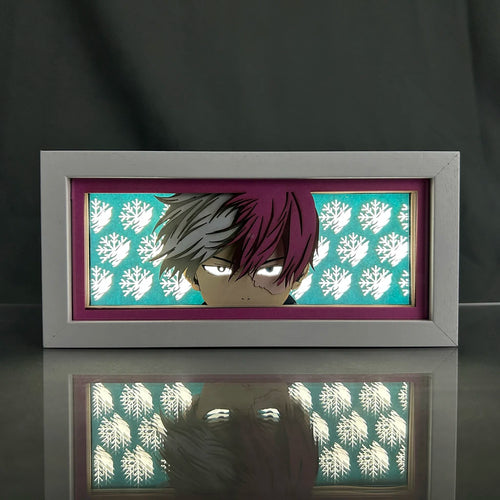 Framed artwork with an anime character on a teal patterned background